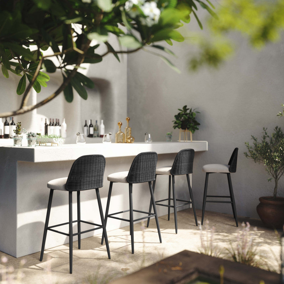 Alexa Rattan Performance Fabric Outdoor Stool, Black, Counter Stool