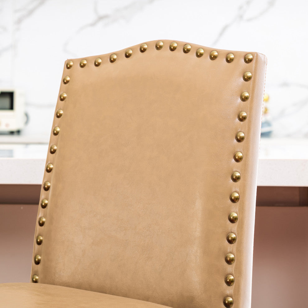 Upholstered PU Bar Chair With Studded Decor, Set of 2, Beige