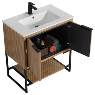 Kingsford Grooved-Look Bath Vanity, Bright Oak, White Ceramic Sink, 30", Doors