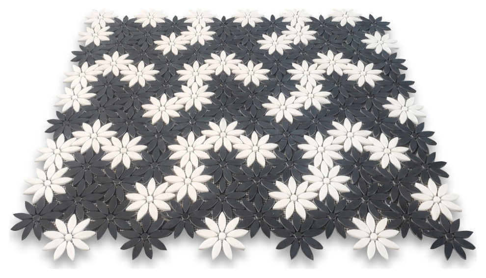 Nero Marquina Black Thassos White Marble Flower Waterjet Mosaic Tile, 1 sheet