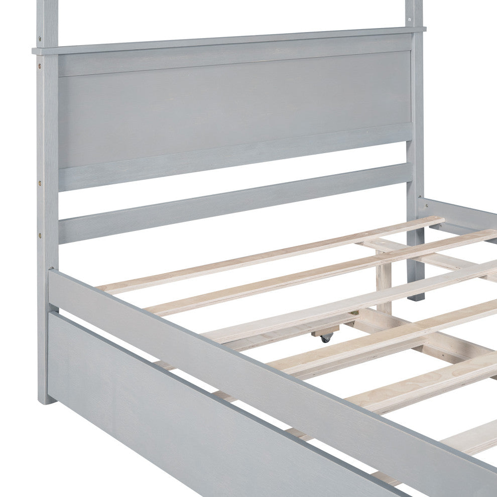 Full Wood Frame Canopy Platform bed with Trundle Bed, Grey, Full