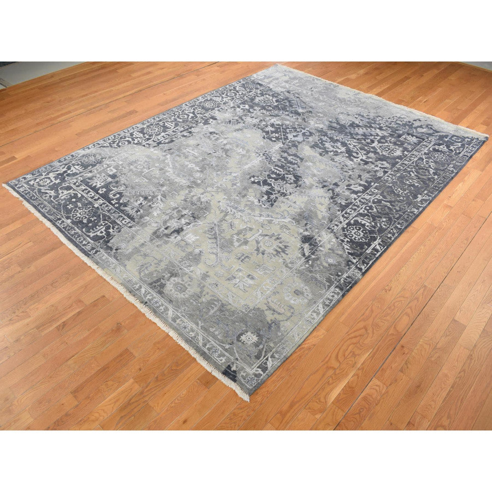 Gray Wool And Silk Broken and Erased Heriz Design Hand Knotted Rug 9'x11'10"