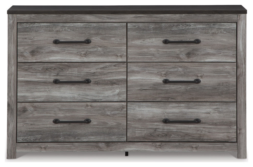 59" Wide Dresser With 6 Drawers, Metal Bar Handles, Distressed Gray