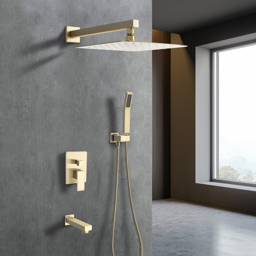 12" Wall Mounted Rainfall Shower System With Tub Spout, Brushed Gold