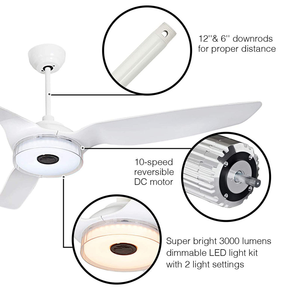 Carro Smart Voice Control Ceiling Fan with Dim LED Light and Remote 10-speed, White, 60 in