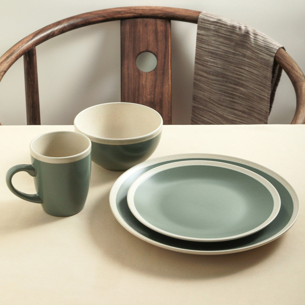 Stone Lain Serenity Stoneware 32 Piece Dinnerware Set, Green and Cream