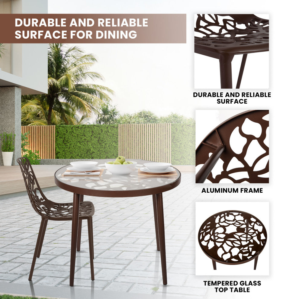 LeisureMod Devon Outdoor Dining Set with Glass Table and 2 Chairs, Brown