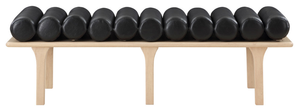 Landon Faux Leather Bench, Black, Natural Oak Finish
