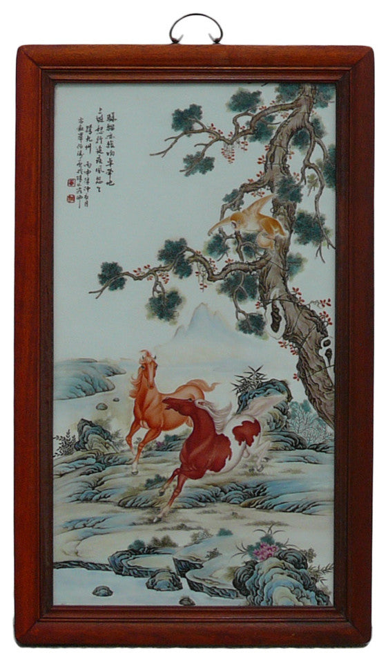 Chinese Rosewood Porcelain Monkey Horses Scenery Wall Plaque Panel