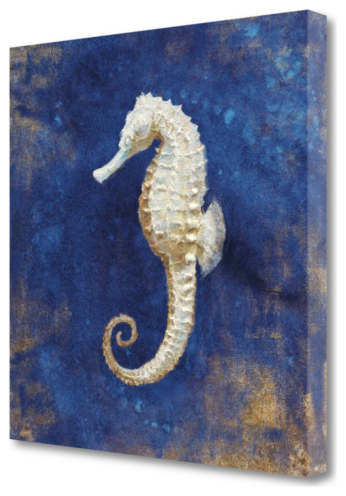 18" Rustic Deep Blue and Gold Seahorse Giclee Wrap Canvas Wall Art