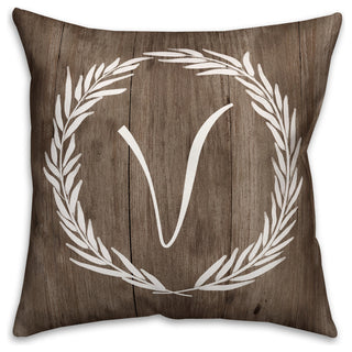 Faux Wood White Wreath - Monogram V 18x18 Spun Poly Pillow