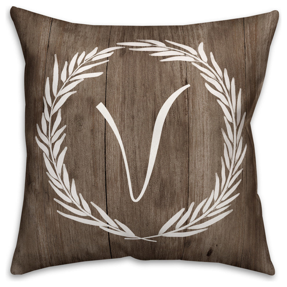 Faux Wood White Wreath - Monogram V 18x18 Spun Poly Pillow