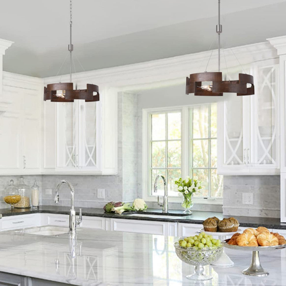 5 Light Rust Drum Pendant Light Vintage Wood Farmhouse Chandelier