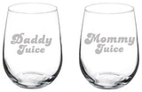 Set of 2 Wine Glasses Funny Parents Mommy Daddy Juice, 17 Oz Stemless