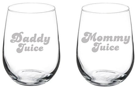 Set of 2 Wine Glasses Funny Parents Mommy Daddy Juice, 17 Oz Stemless