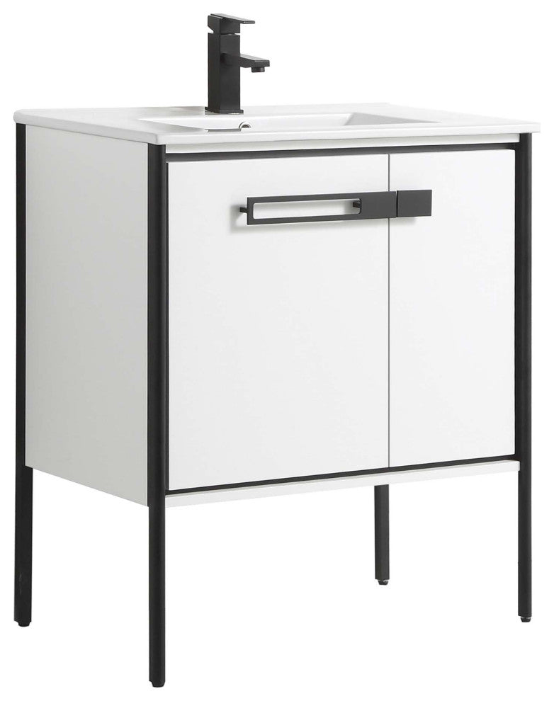 Oakville Bath Vanity, Ceramic Sink, White Matte, 30 Inch, Black Hardware