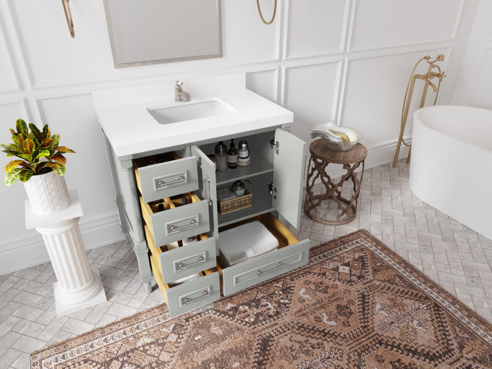 Aberdeen 36 Center Sink Bath Vanity in Coventry Gray 2" Empira Quartz