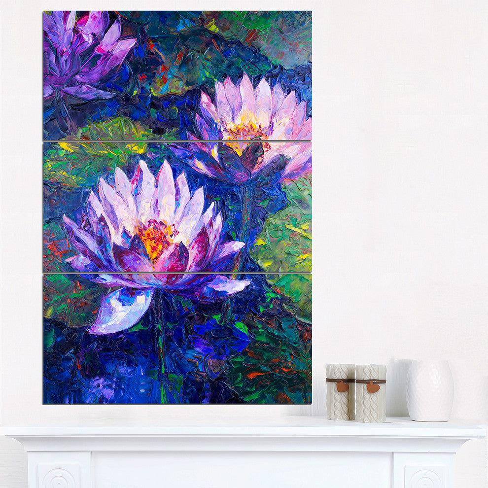 "Blue Lotus Oil Painting" Glossy Metal Wall Art, 3 Panels, 28"x36"
