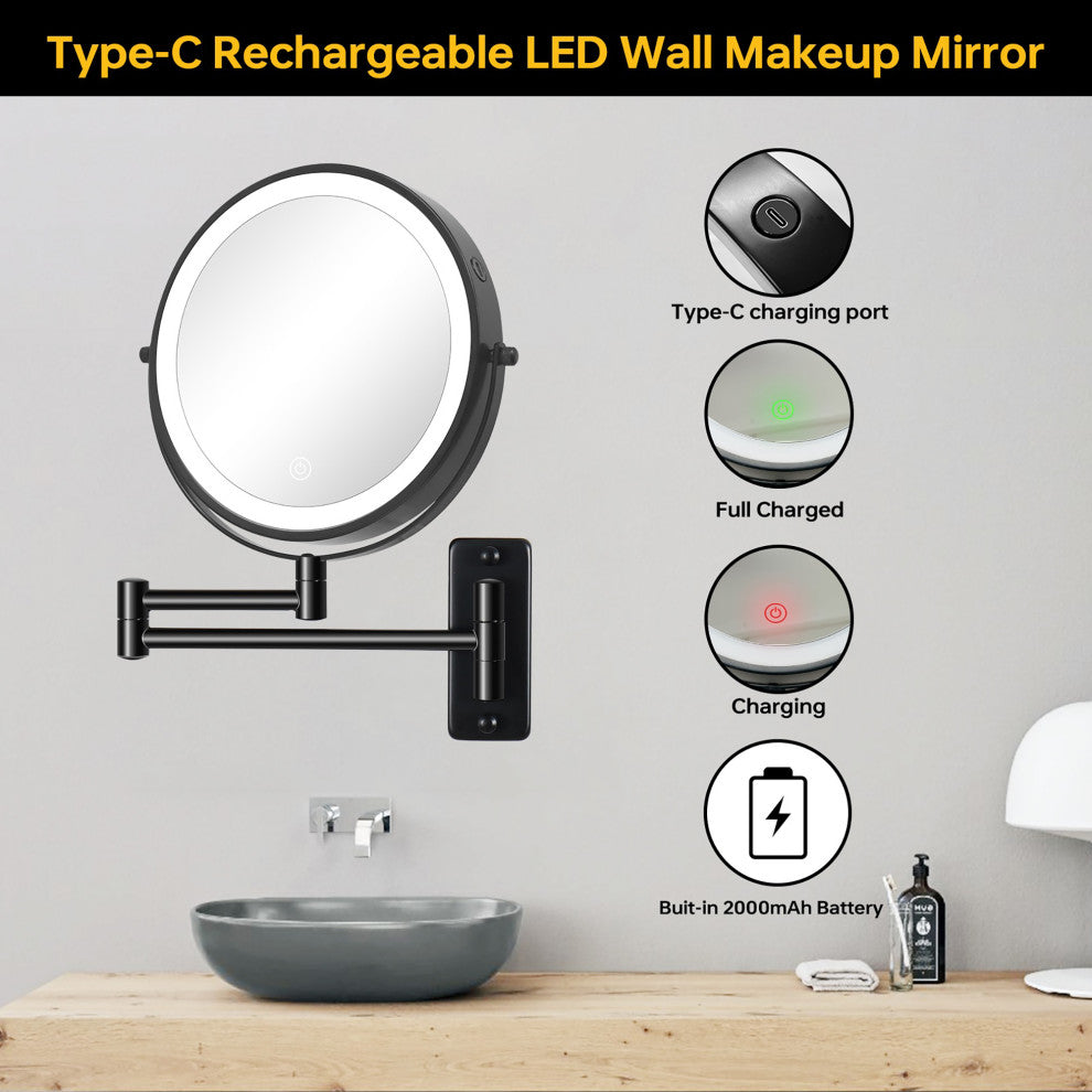 8 inch Double-Sided Framed Wall Mounted 10X LED Magnifying Bathroom Mirror, Black
