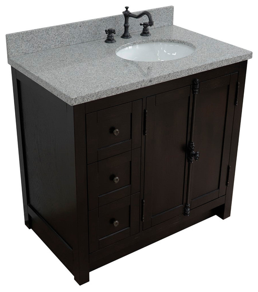 37" Single Vanity, Brown Ash With Gray Granite Top, Right Doors/Right Oval Sink