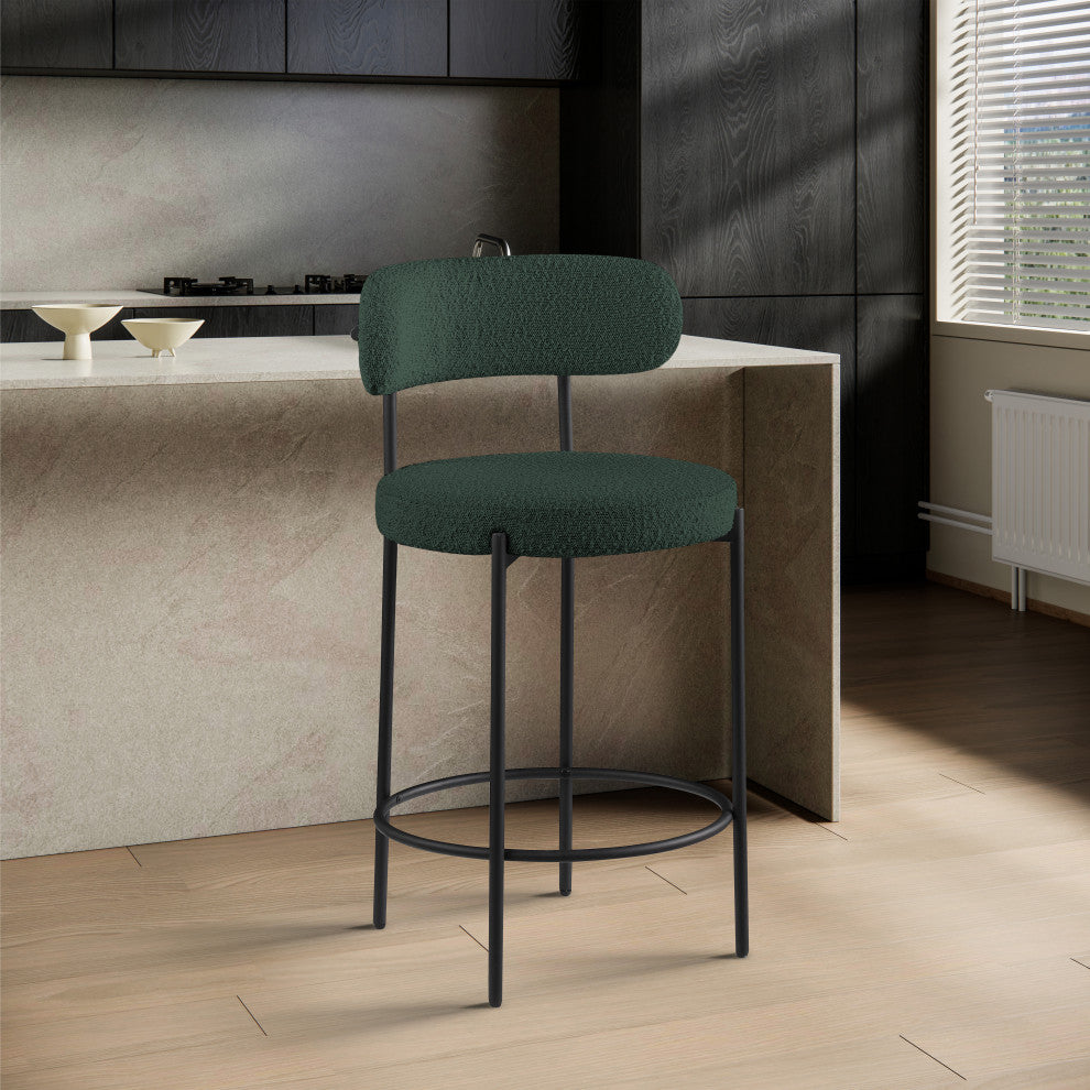 Beacon Upholstered Stool, Set of 2, Green, Matte Black Finish, Boucle Fabric