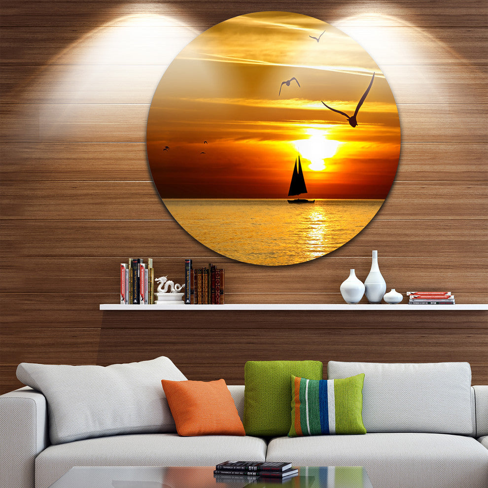Bright Yellow Beach With Birds, Seashore Round Wall Art, 23"