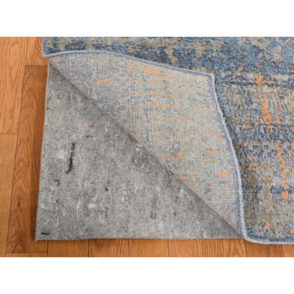 Blue Silk with Wool Tone on Tone Modern Design Hand Knotted Rug 8' x 10'