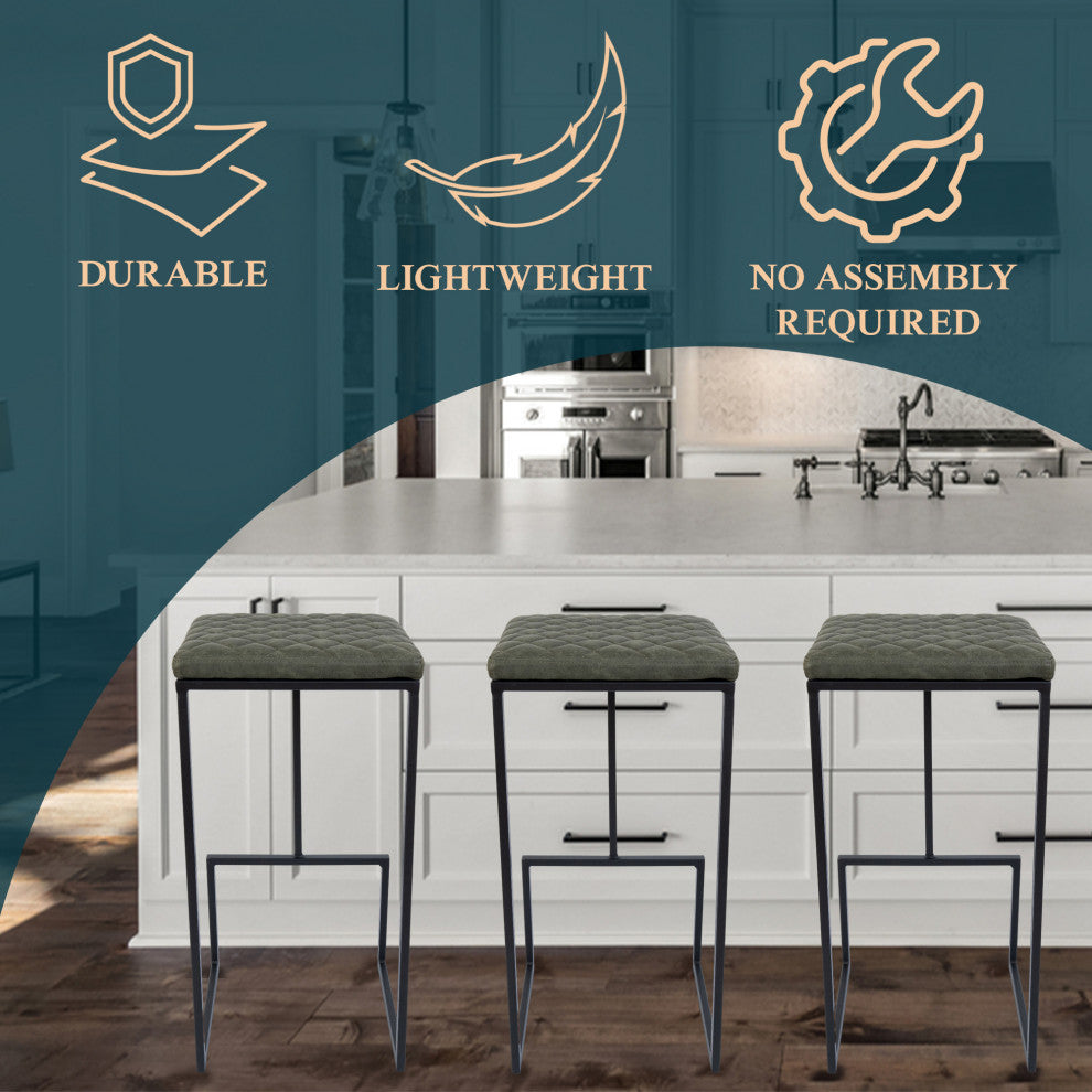 Quincy Square Barstool with Leather Seats and Metal Frame with Footrest, Gray