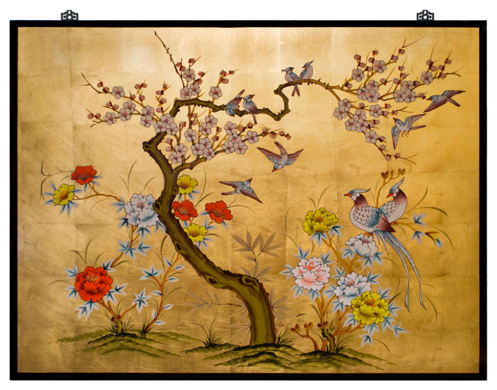 Gold Leaf Prosperity Bird and Flower Asian Wall Art