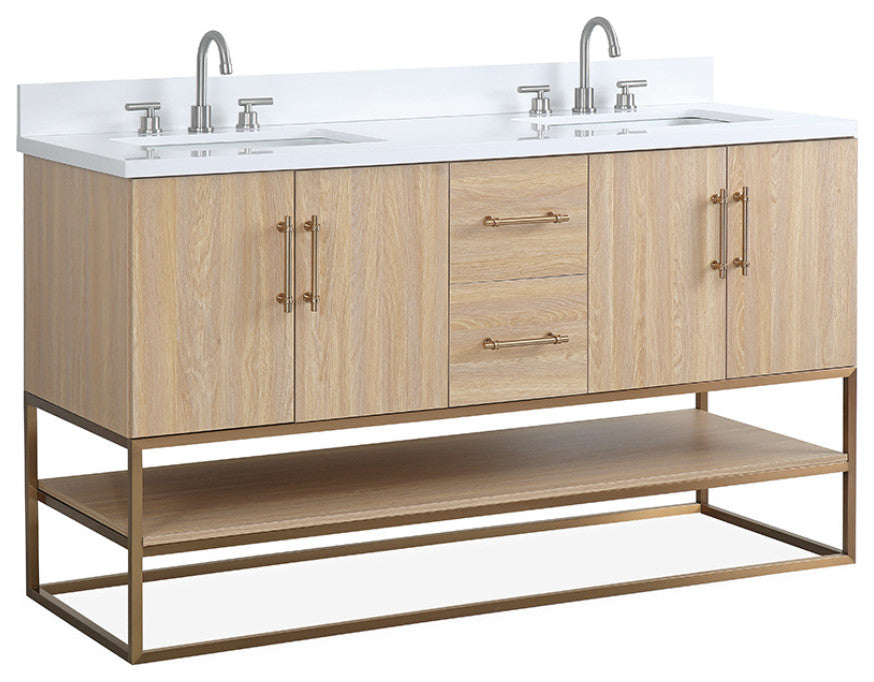 Light Oak Lima Bathroom Vanity With Open Shelf & Gold Leg Base, 60" Double Sink
