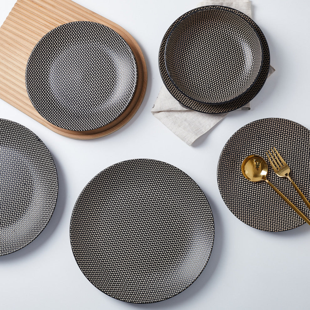 Stone Lain Daisy Stoneware 32 Piece Dinnerware Set, Brown and Black