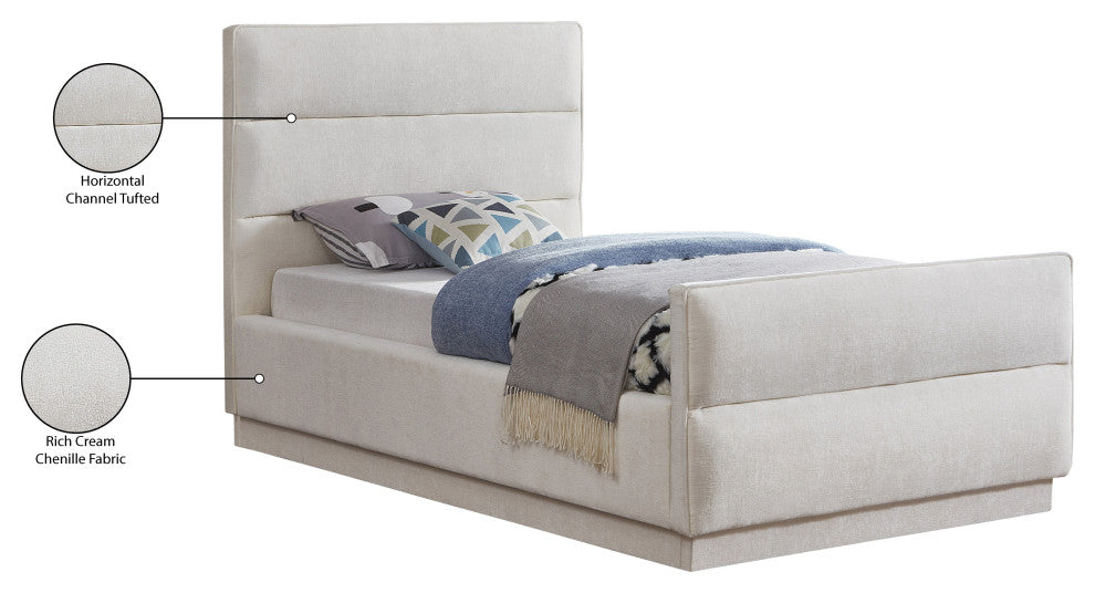 Paxton Chenille Fabric Upholstered Bed, Cream, Twin