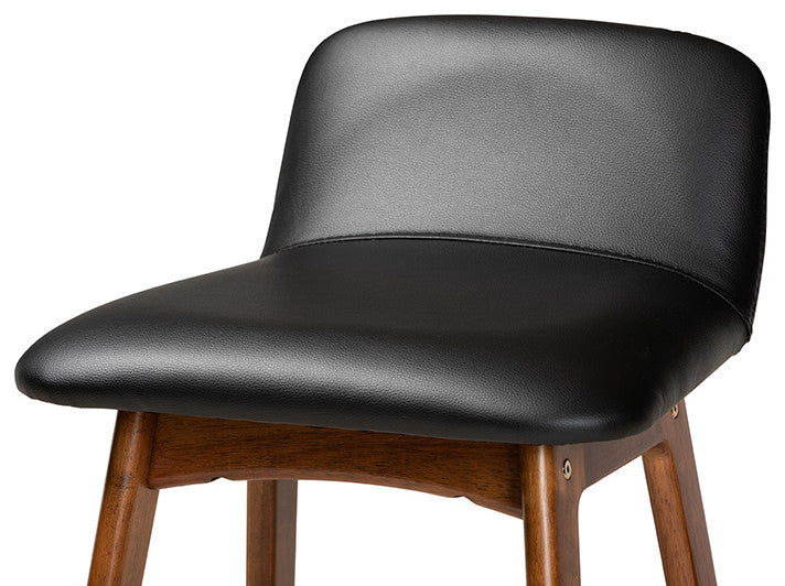 Cathryn Modern Black Faux Leather and Walnut Stools, Set of 2, Bar Height