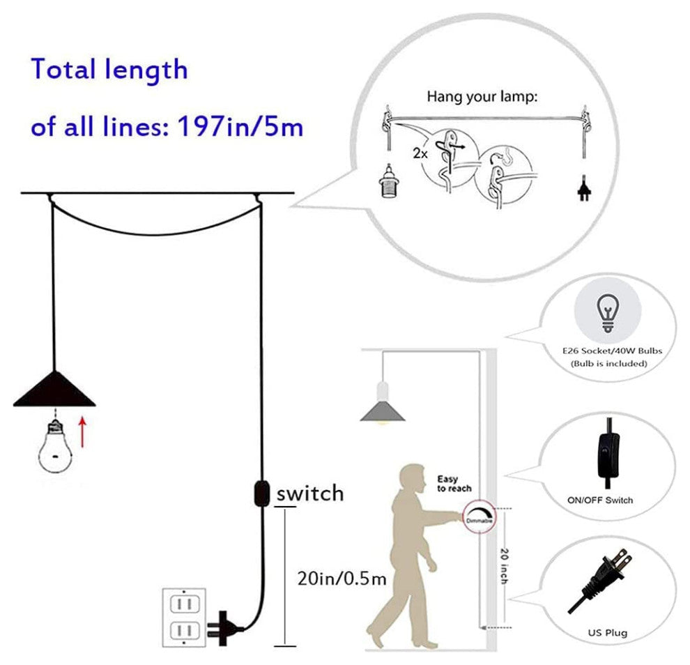 Moon Plug In Pendant Light, Adjustable Hanging Ceiling Lighting Fixture