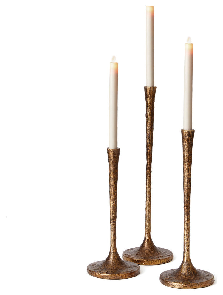 Tall Cast Metal Set Three Gold Candlesticks Taper Candle Holder Elegant Slim