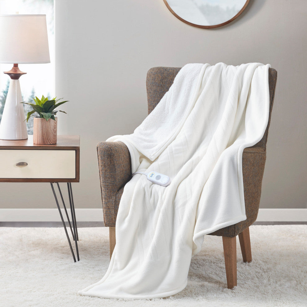 Serta Fleece to Sherpa Heated 50x60" Fleece Sherpa Electric Throw Blanket, White