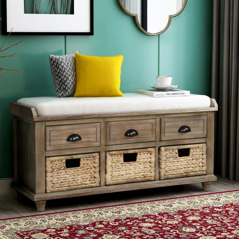 TATEUS 42" Rustic Storage Bench With 3 Drawers and 3 Rattan Baskets, White Washed