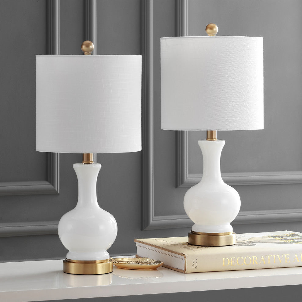 Cox 22" Glass and Metal Led Table Lamp, Set of 2, White and Brass Gold