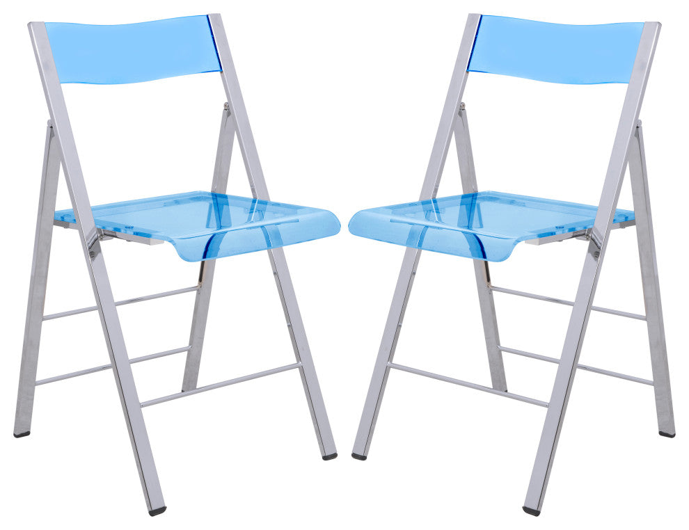 LeisureMod Menno Stackable Dining Folding Chair, Clear, Set of 2, Blue