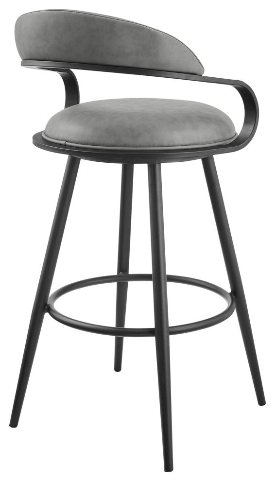 Gardenia Swivel Stool With Black Iron Frame and Faux Leather, Vintage Gray, Bar Height