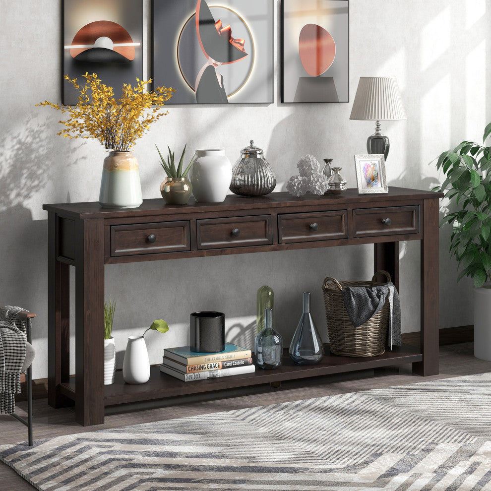 TATEUS 63" Console Table Hallway Sofa Table With Storage Drawers Bottom Shelf, Espresso