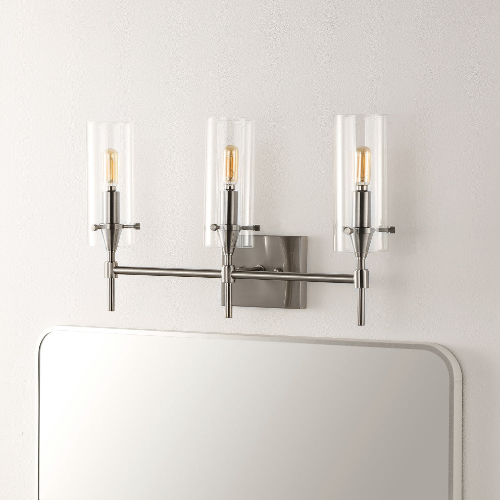 Cato 21.25" 3-Light Modern Minimalist Iron/Glass LED Vanity, Nickel/Clear