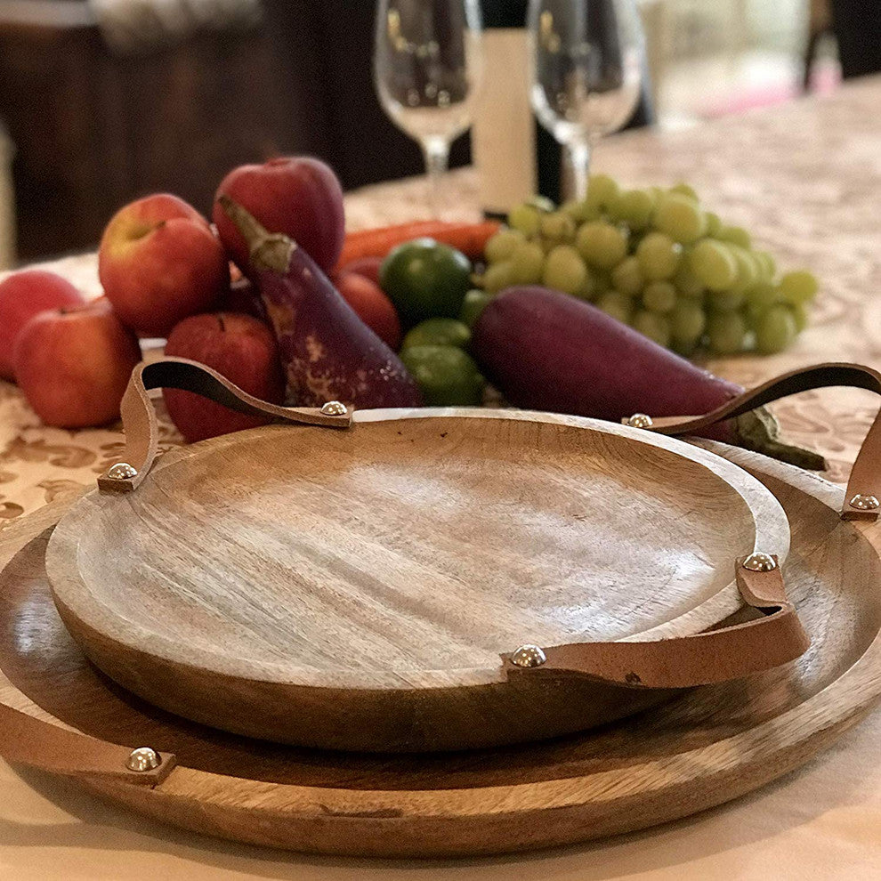 2 Piece Mango Round Board Servers with Leather Handles