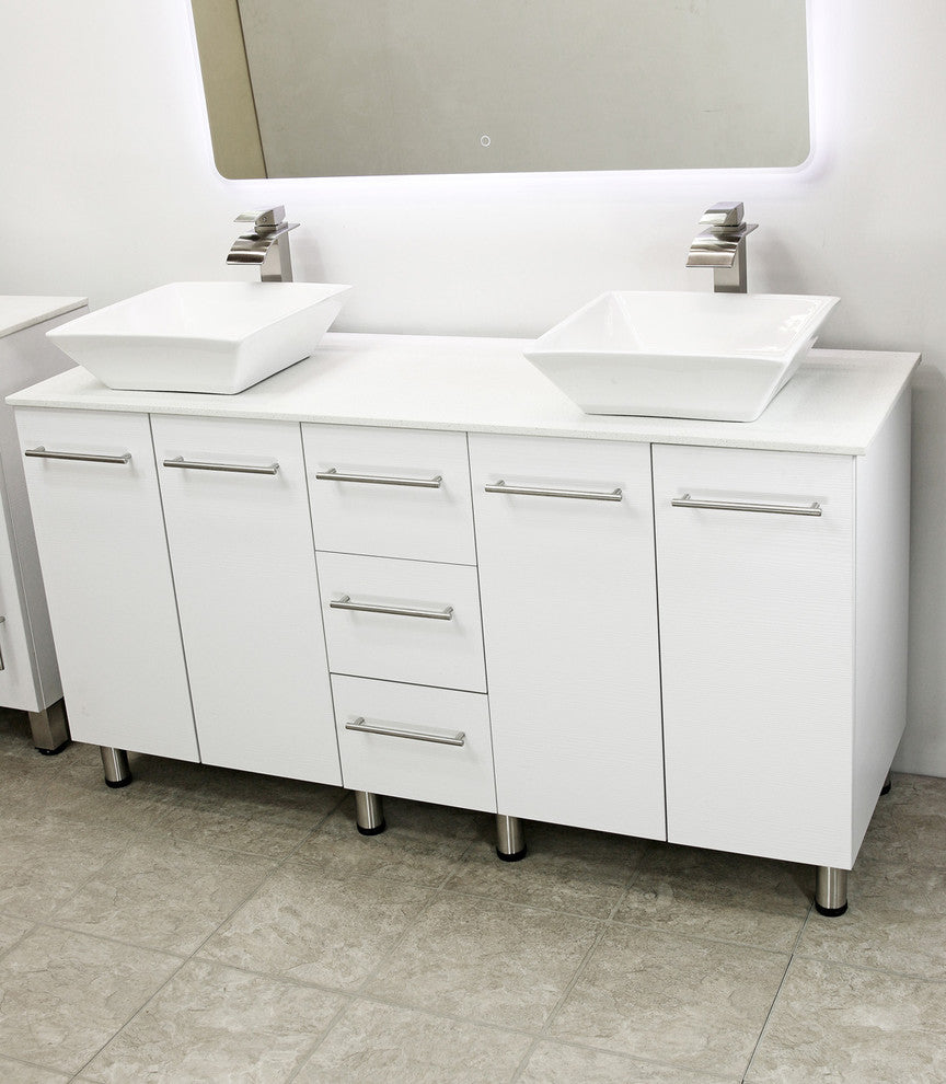 Windbay 60" Free Standing Double Vanity, White, White Stone Flat Countertop