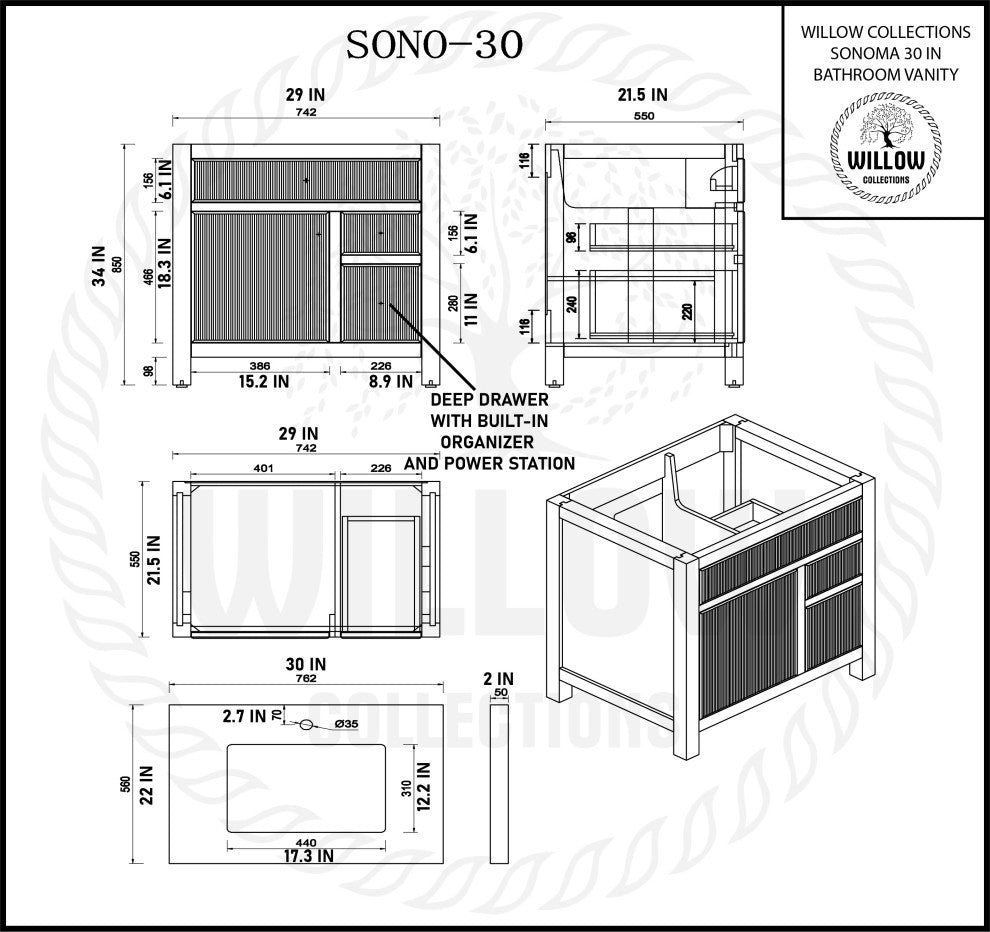 Sonoma 30 Single Sink Reeded Bath Vanity in White 2" Carrara Marble