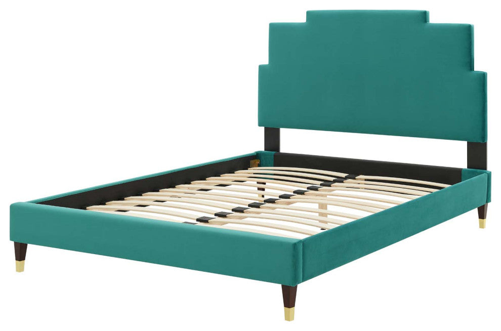 Platform Bed Frame, Full Size, Velvet, Teal Blue, Modern Contemporary, Bedroom