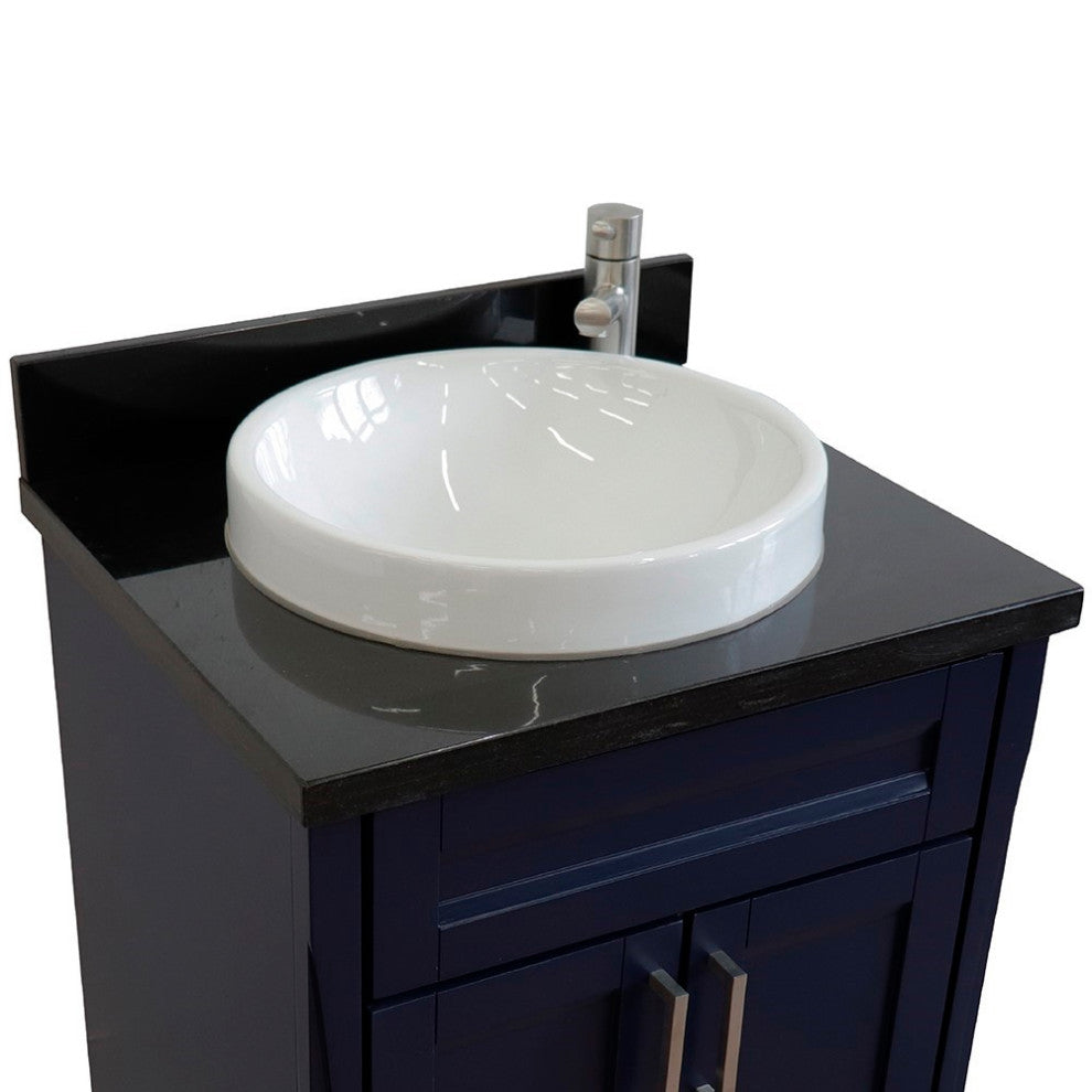 25" Single Sink Vanity, Blue Finish With Black Galaxy Granite And Round Sink