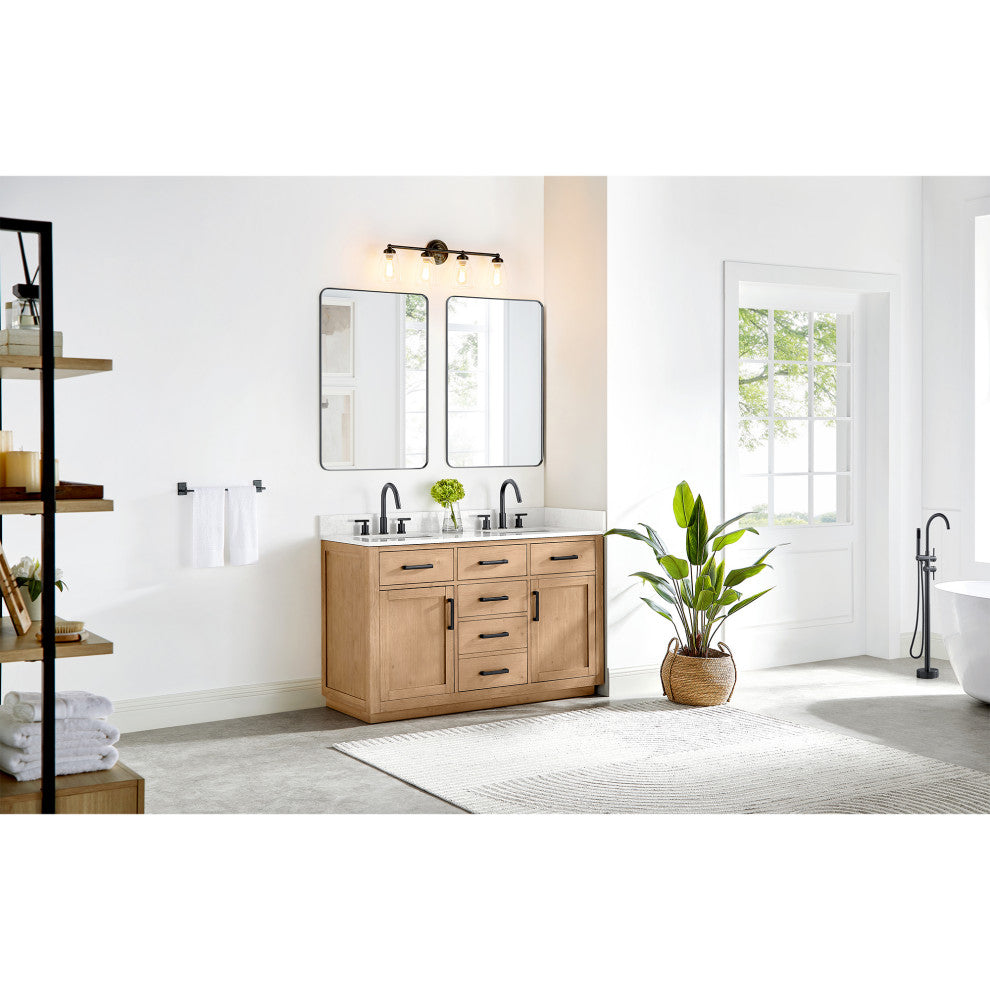 Gavino Vanity With Grain White Composite Stone Top, Light Brown/Matte Black, 54", With Mirror