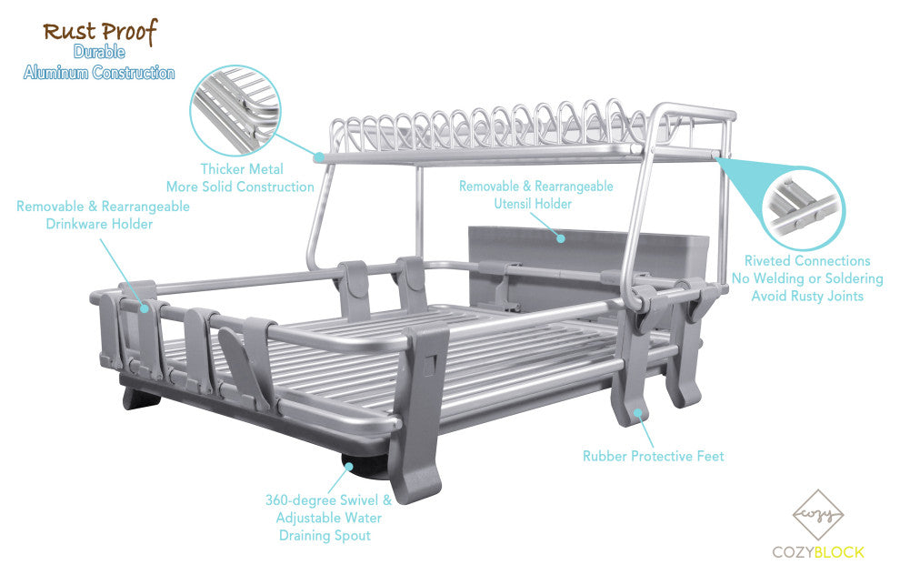 Aluminum 2-Tier Dish Drying Rack With Cutlery Holder