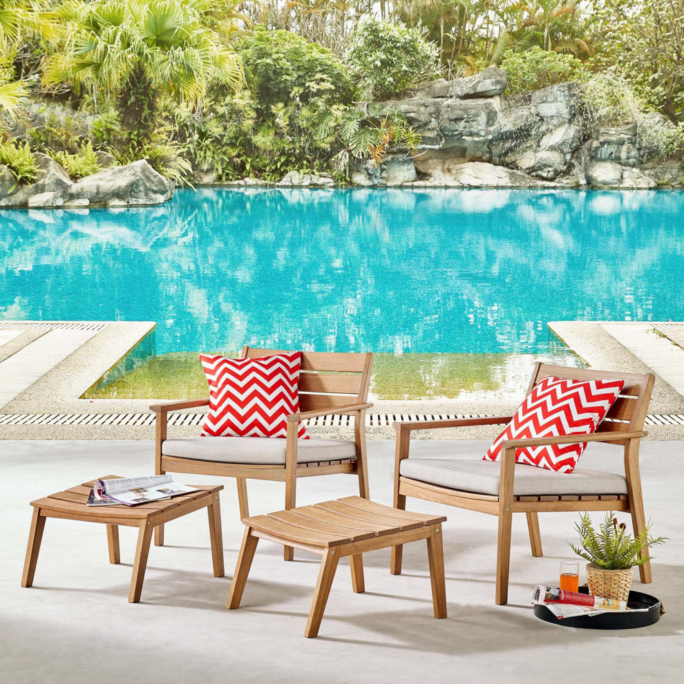 Lounge Sectional Sofa Chair Set, Wood, Brown Natural Taupe Gray, Modern, Outdoor